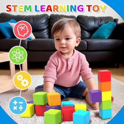 Magnetic Building Blocks Large, 1.65 inch Magnetic Stacking Cubes for Toddlers, Sensory & Montessori Toys for Boys & Girls 1 2 3 Years Old (12 PCS)