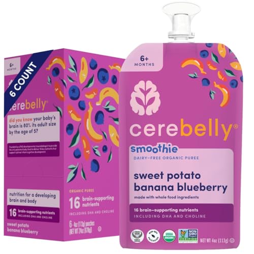 Cerebelly Organic Baby Food Pouches – Dairy Free Smoothies for Toddlers | No Added Sugar, Fiber, Non-GMO | Toddler Smoothie Pouches | 4oz BPA-Free Baby Food | Sweet Potato Banana Blueberry | 6 Count
