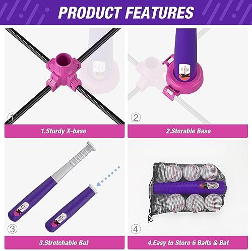 4 in 1 T Ball Sets for Kids 3-5 with Toss and Catch Ball Set, Hanging Tee Stand with Auto Pitching Machine/ 2 Bats, Indoor Outdoor Toys Baseball Gifts for Toddler Boys Girls, Purple