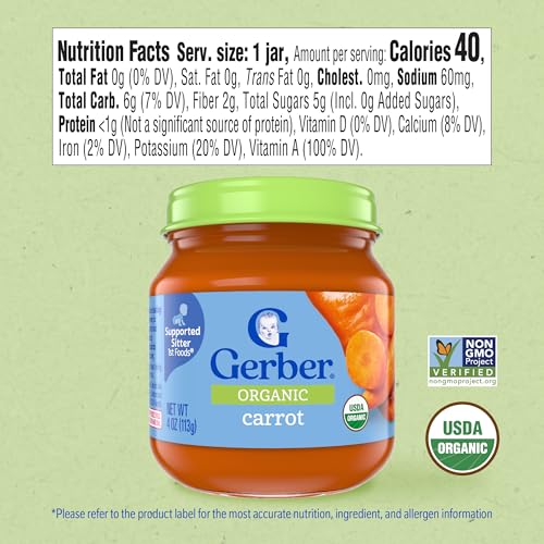 Gerber Stage 1 Baby Food, Organic Carrot Jar, Carrot Puree, Non-GMO, Vegetable Baby Food, Puree Jars Glass, 10-pack