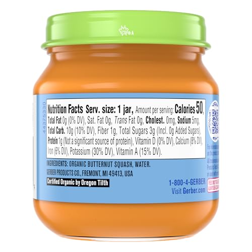 Gerber Stage 1 Baby Food, Organic Butternut Squash Jar, Baby Puree, Non-GMO, Vegetable, Puree Jars Glass, 10-pack
