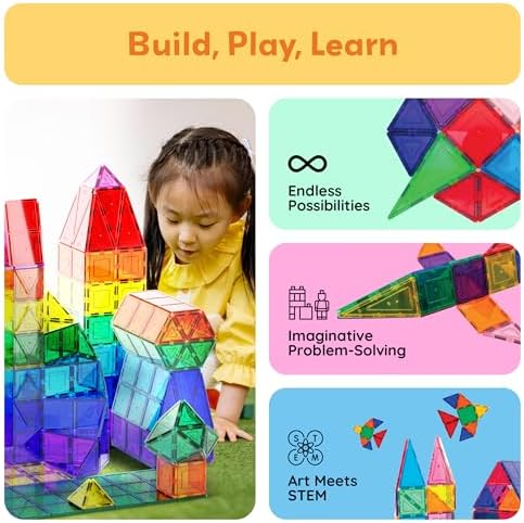 PicassoTiles 60 Piece Set 60pcs Magnet Building Tiles Clear Magnetic 3D Blocks Construction Playboards - Creativity beyond Imagination, Inspirational, Recreational, Educational, Conventional
