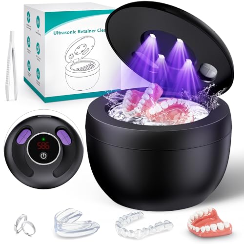 Upgraded Ultrasonic Retainer Cleaner Machine, 45kHz Ultrasonic Dentures Cleaner for Night Guards, Braces, Aligner, Toothbrush, Jewelry and More, 200ML Capacity, Black
