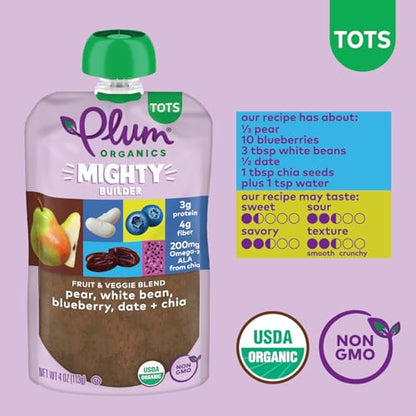 Plum Organics Mighty Builder Organic Toddler Food - Pear, White Bean, Blueberry, Date, and Chia - 4 oz Pouch (Pack of 12) - Organic Fruit and Vegetable Toddler Food Pouch