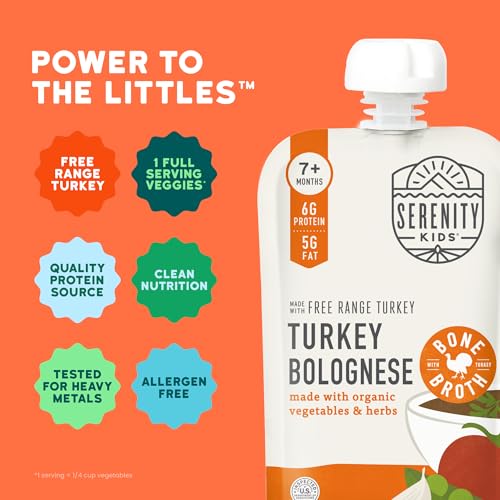Serenity Kids 7+ Month Turkey Bolognese Bone Broth Baby Food Puree - Toddler Pouches with Organic Veggies & Free-Range Turkey - High-Protein Savory Blend, No Added Sugar & BPA-Free - 3.5 Oz, 12 Pack