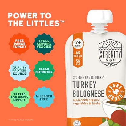 Serenity Kids 7+ Month Turkey Bolognese Bone Broth Baby Food Puree - Toddler Pouches with Organic Veggies & Free-Range Turkey - High-Protein Savory Blend, No Added Sugar & BPA-Free - 3.5 Oz, 12 Pack