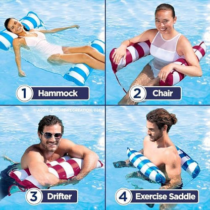 Aqua 4-in-1 Monterey Hammock Pool Float & Water Hammocks, 1-2-3-4 Multipacks – Multiple Colors/Styles – for Adults and Kids Floating