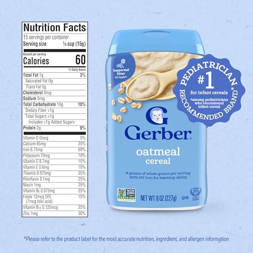 Gerber Stage 1 Baby Food, Baby Oatmeal Cereal, 8g Whole Grains, Iron, Zinc & Vitamin B12, Infant Cereal, 6-Pack