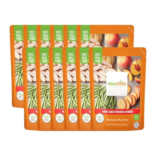 Real Food Blends Turkey, Sweet Potatoes & Peaches - Pureed Food Meals for Tube Feeding with Protein, Vegetables & Fruits - 320 Calories for Lunch & Dinner - 9.4 oz (Pack of 12)