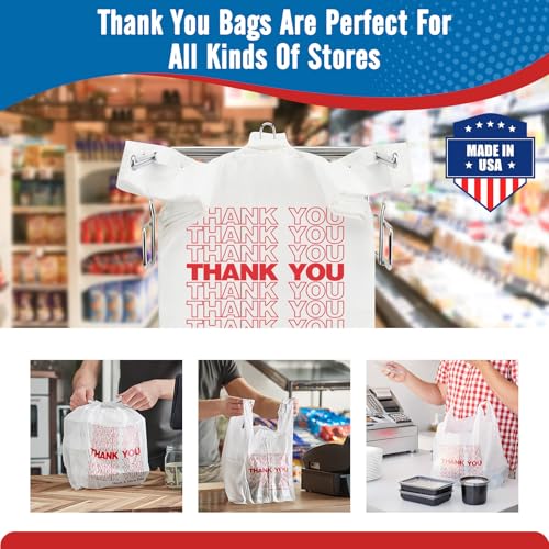 Fuxury 1000 Count Thank You Plastic Bags (12" x 6.5" x 21") White, T-shirt, Grocery, Take Out, To Go, Retail Shopping Bags in Bulk (Made in USA)