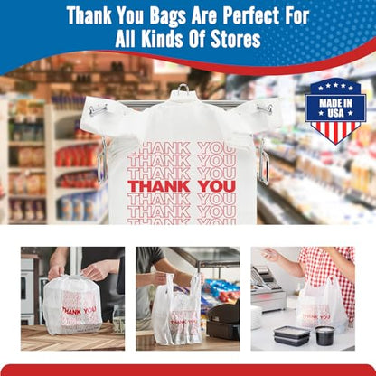 Fuxury 1000 Count Thank You Plastic Bags (12" x 6.5" x 21") White, T-shirt, Grocery, Take Out, To Go, Retail Shopping Bags in Bulk (Made in USA)