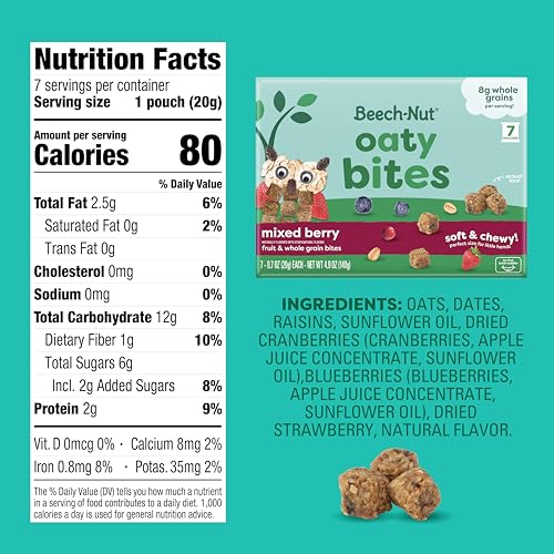 Beech-Nut Toddler Snacks, Oaty Bites with Fruit & Whole Grains, Mixed Berry Toddler Snack Bites for Toddlers 12 Months & Older, Pack of 6 Boxes (42 single-serve bags)