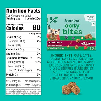 Beech-Nut Toddler Snacks, Oaty Bites with Fruit & Whole Grains, Mixed Berry Toddler Snack Bites for Toddlers 12 Months & Older, Pack of 6 Boxes (42 single-serve bags)