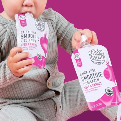 Serenity Kids 6+ Months Dairy-Free Smoothie Baby Food Pouch - USDA Organic - Grass Fed Collagen Protein - 3.5 Ounce BPA-Free Pouch - Beet & Carrot - 6 Count