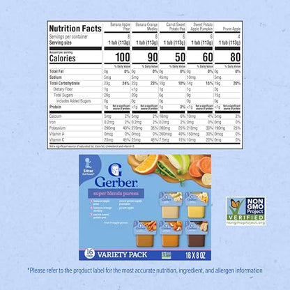 Gerber Stage 2 Baby Food, Super Blends Puree Tubs, No Added Colors or Flavors, Baby Puree, Variety 32-Pack