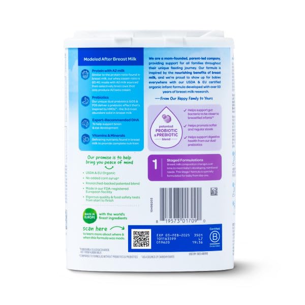 Happy Baby Organics Stage 1 A2 Infant Formula, 0 12 Months, Milk Based Organic Baby Formula Powder with A2 Milk, Probiotics & Prebiotics for Immune & Digestive Support, 22.9 Ounce (Pack of 4)