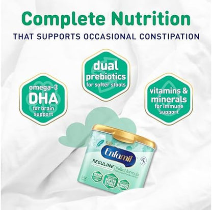 Enfamil Reguline Baby Formula, Milk-Based Infant Nutrition, Dual Prebiotics for Soft, Comfortable Stools within 1 Week of Use, Omega-3 DHA for Immune Support, Reusable Powder Tub, 19.5 Oz