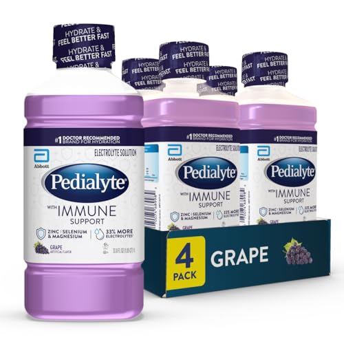 Pedialyte with Immune Support Electrolyte Solution, Hydration Drink with Zinc, Selenium, and Magnesium, Grape, 1 Liter, Pack of 4