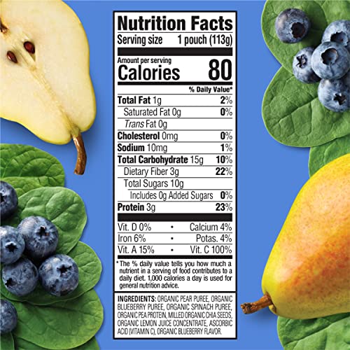 Happy Tot Organics Stage 4 Baby Food Pouches, Gluten Free, Vegan Snack, Fiber & Protein Fruit & Veggie Puree, Pears, Blueberries & Spinach, 4 Ounce (Pack of 16)
