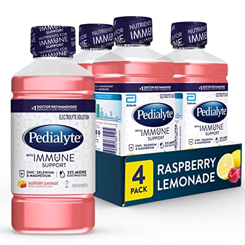 Pedialyte with Immune Support Electrolyte Solution, Hydration Drink with Zinc, Selenium, and Magnesium, Raspberry Lemonade, 1 Liter, Pack of 4