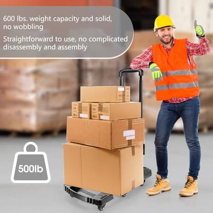 Folding Hand Truck 500lbs, Portable Heavy Duty Dolly Cart, 6 Wheels Collapsible Luggage Cart with 2 Elastic Ropes - Compact Trolley Cart for Easy Moving - Ideal Hand Cart for Travel and More