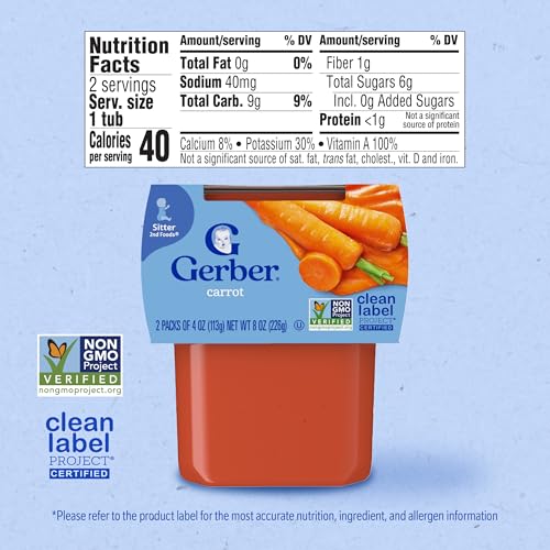 Gerber Stage 2 Baby Food, Carrot Puree Tubs, No Added Salt, No Artificial Colors or Flavors, Baby Puree, 16-Pack