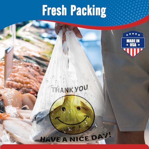 Fuxury 1000 Count Happy Smiling Face Thank You Plastic Bags (12" x 6.5" x 21") White, Have a Nice Day Bags for T-shirt, Grocery, Take Out, To Go, Retail Shopping in Bulk (Made in USA)