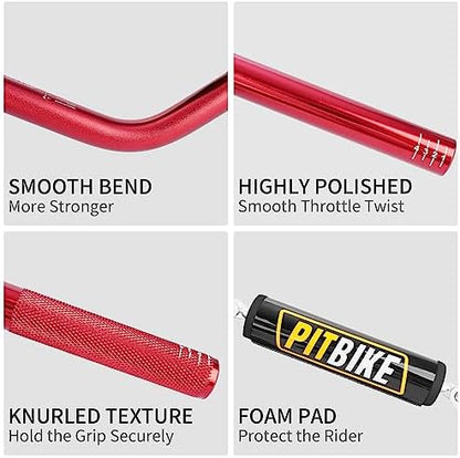 Handlebars 7/8 Inch for Motorcycle,RUTU Upgraded Universal Dirt Bike Handle Bar with Crossbar Pad Mid-Rise Mini Bike Pit Bike Handlebar for Motocross ATV Quad - Red