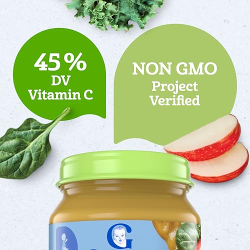 Gerber Stage 2 Baby Food, Organic Apple Spinach with Kale Jar, Fruit & Veggie Puree, Vitamin C, Non-GMO, Baby Food Puree Jars Glass, 10-pack