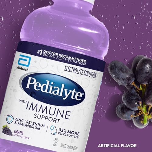 Pedialyte with Immune Support Electrolyte Solution, Hydration Drink with Zinc, Selenium, and Magnesium, Grape, 1 Liter, Pack of 4