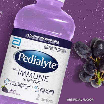 Pedialyte with Immune Support Electrolyte Solution, Hydration Drink with Zinc, Selenium, and Magnesium, Grape, 1 Liter, Pack of 4