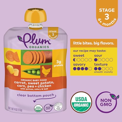 Plum Organics Stage 3 Organic Baby Food - Carrot, Sweet Potato, Corn, Pea, and Chicken - 4 oz Pouch (Pack of 12) - Organic Baby Food Pouch