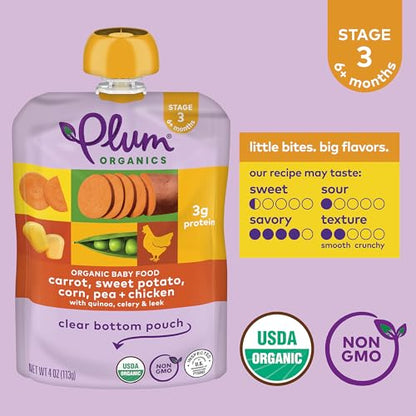 Plum Organics Stage 3 Organic Baby Food - Carrot, Sweet Potato, Corn, Pea, and Chicken - 4 oz Pouch (Pack of 12) - Organic Baby Food Pouch