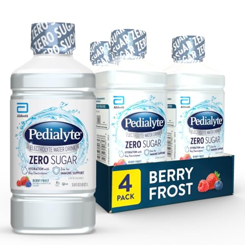 Pedialyte Electrolyte Water with Zero Sugar | Hydration with Key Electrolytes | Great Hydration Low in Calories | Berry Frost, 1 Liter, Pack of 4