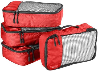 Amazon Basics Small Packing Cubes for Travel, Packing Organizers, 4-Piece-Set With Double Zipper Pulls and Mesh Top Panel, 100% Durable Polyester, Red, 11"L x 6.8"W x 3"H