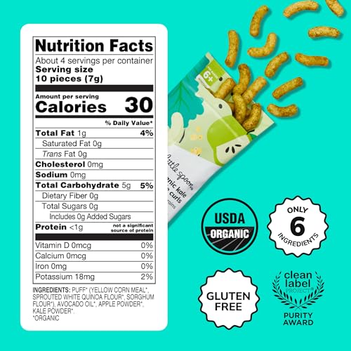 Little Spoon Kale Apple Meltable Baby Puffs, Organic Corn Quinoa Sorghum, No Rice, No Added Sugar Snacks, Encourages Self-Feeding, 1 Oz Bag, 4 Pack