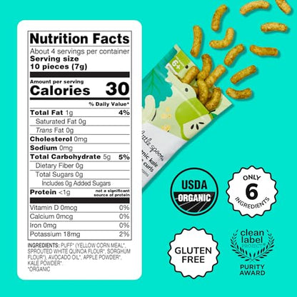 Little Spoon Kale Apple Meltable Baby Puffs, Organic Corn Quinoa Sorghum, No Rice, No Added Sugar Snacks, Encourages Self-Feeding, 1 Oz Bag, 4 Pack