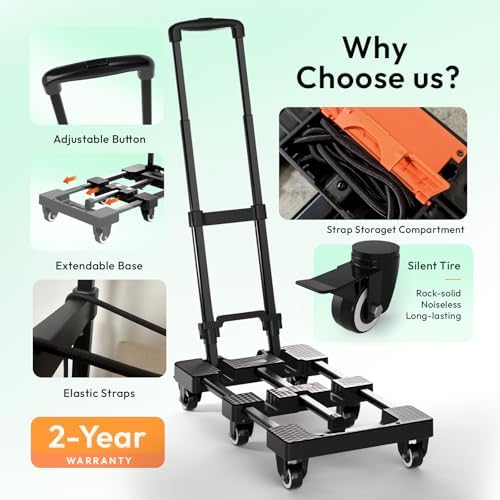 Folding Hand Truck 600lbs, Portable Heavy Duty Dolly Cart, 6 Wheels Collapsible Luggage Cart with 2 Elastic Ropes - Compact Trolley Cart for Easy Moving - Ideal Hand Cart for Travel and More