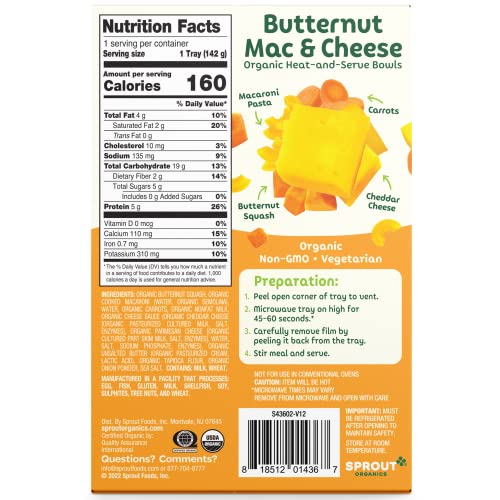 Sprout Organic Baby Food, Toddler Meals, Macaroni Pasta with Butternut Squash Cheese Sauce, 5 Oz Bowl (8 Count)