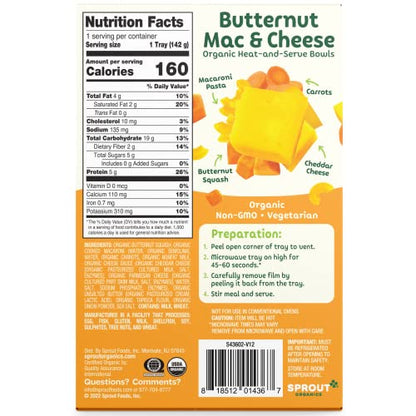 Sprout Organic Baby Food, Toddler Meals, Macaroni Pasta with Butternut Squash Cheese Sauce, 5 Oz Bowl (8 Count)