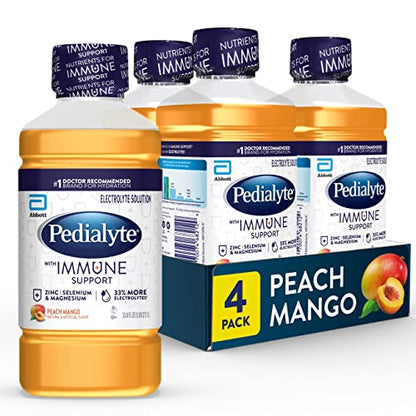 Pedialyte with Immune Support Electrolyte Solution, Hydration Drink with Zinc, Selenium, and Magnesium, Peach Mango, 1 Liter, Pack of 4