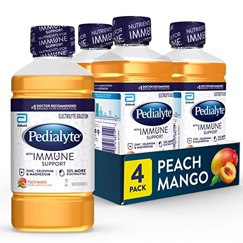 Pedialyte with Immune Support Electrolyte Solution, Hydration Drink with Zinc, Selenium, and Magnesium, Peach Mango, 1 Liter, Pack of 4