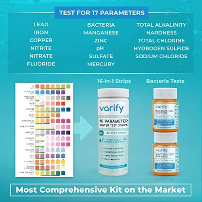 Varify 17in1 Complete Drinking Water Test Kit - 100 Strips + 2 Bacteria Tester Kits - Well, Tap, Home, City Water Testing Strip for Lead, Alkaline, Chlorine, Hardness, Iron, Fluoride, Copper & More