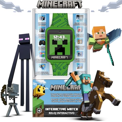 Minecraft Kids Smart Watch – Touchscreen Interactive Watch with 10 Customizable Clock Faces, Built-in Camera, Video Recorder, Alarm, Calculator, Games & Pedometer – Fits Wrists 5.5" to 8"