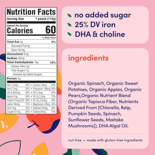 Cerebelly Baby Food Pouches – Organic Veggie Purees for Toddlers | No Added Sugar, Fiber, Non-GMO | Blended Toddler Pouches | 4 Ounce BPA-Free Pouch | Spinach Apple Sweet Potato | 12 Count