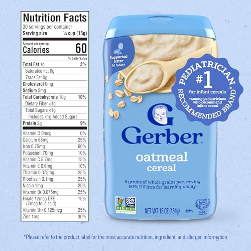 Gerber Stage 1 Baby Food, Baby Oatmeal Cereal, 8g Whole Grains, Iron, Zinc & Vitamin B12, Infant Cereal, 6-Pack