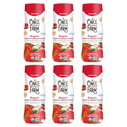 Once Upon A Farm Apple, Sweet Potato & Coconut Puffed Sorghum Snack, Fruit & Veggie Puffs, Non GMO, 1.5 Ounces (Pack Of 6)