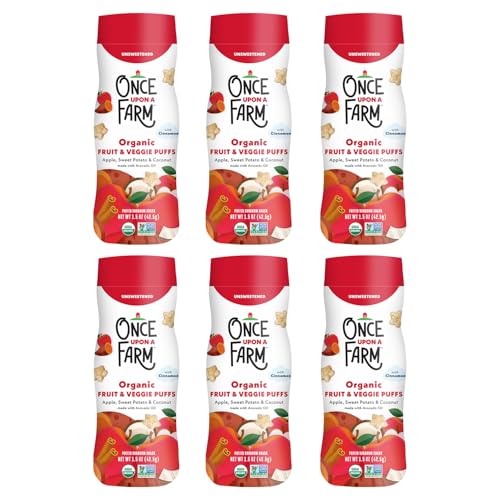 Once Upon A Farm Apple, Sweet Potato & Coconut Puffed Sorghum Snack, Fruit & Veggie Puffs, Non GMO, 1.5 Ounces (Pack Of 6)
