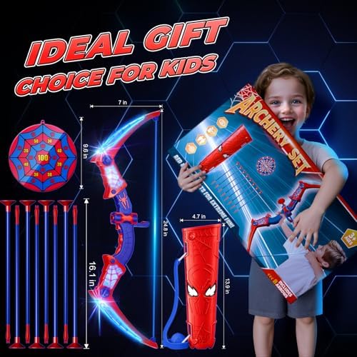 Spider Toys for Boys Age 3-4 4-6 6-8 8-12, Kids Toy BowArrow Shooting Set with Red & Blue LED Lights, Spider Quiver & Web Target, 8 Suction Cup Arrows, Toys Gifts for 3 4 5 6 7 8 9 10 12 Year Old Boys