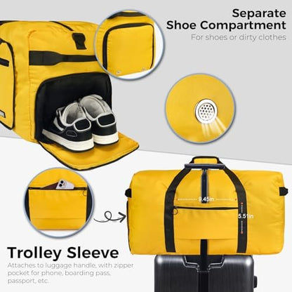 Fmeida 65L Duffle Bag with Shoes Compartment, Foldable Travel Duffel Bags for Men Women, Large Packable Travel Bag Water Repellent & Tear Resistant (Yellow)